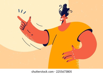 El hombre sonriente señala en buena oferta o promoción. Feliz show de chicos con el dedo recomiendo descuento. Lugar de publicidad. Ilustración vectorial. 