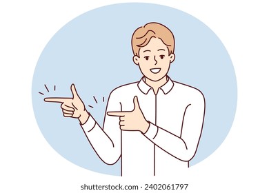 Smiling man point at good sale deal or offer. Happy guy recommend discount or promotion. Recommendation and client feedback. Vector illustration.