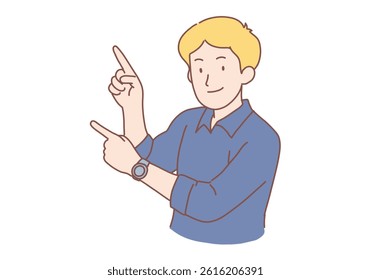 Smiling man point at good sale deal or offer. Happy guy recommend discount or promotion. Hand drawn style vector design illustrations.