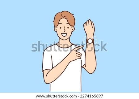 Smiling man point at watch on wrist. Happy guy show with finger at smart watch on hand. Vector illustration. 