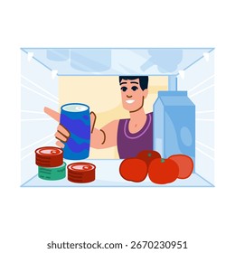 Homem sorridente apontando para uma lata dentro de um refrigerador aberto contendo tomates, atum enlatado, leite e outros alimentos, procurando ingredientes para cozinhar