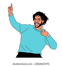 Smiling man pointing up with fingers vector.