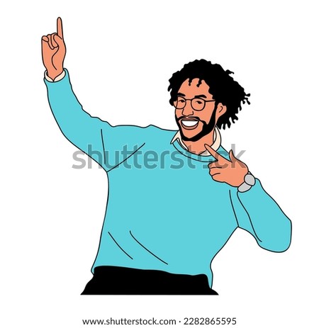 Smiling man pointing up with fingers vector.
