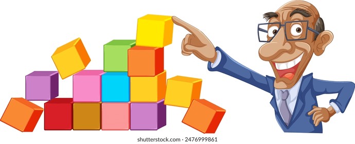 Smiling man pointing at stacked colorful blocks