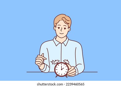 Smiling man points finger at alarm clock to remind of beginning or end of lunch break. Concept time management and control over optimal use of working period. Flat vector illustration