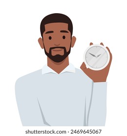 Smiling man points finger at alarm clock to remind of beginning or end of lunch break. Flat vector illustration isolated on white background