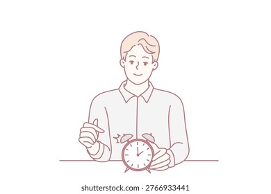 Smiling man points finger at alarm clock to remind of beginning or end of lunch break. Concept time management and control over optimal use of working period. Flat vector illustration