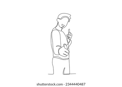 Un hombre sonriente posa casualmente. Dibujo de una línea del día de la sonrisa en el mundo