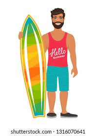 Smiling man posing with surfboard. Muscled surfer in shorts and a T-shirt with the words Hello Summer. Cartoon character isolated on white background. Vector illustration. Flat style.