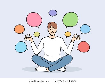 Smiling man practice yoga surrounded with numerous speech bubbles with ideas. Happy guy meditate having different creative ideas in talk balloons. Vector illustration. 