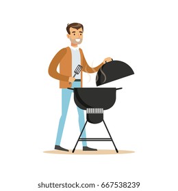 Smiling man preparing barbecue on a grill vector Illustration