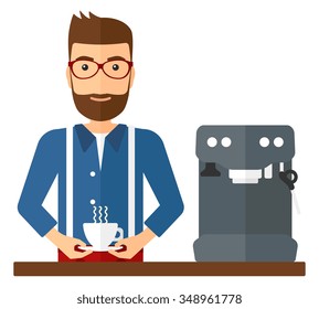 A smiling man preparing coffee with coffee-machine vector flat design illustration isolated on white background. Square layout.