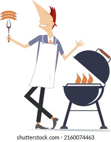 Smiling man preparing meal on fire. 
Cheerfulness young man frying sausages and steaks on the grill isolated on white background
