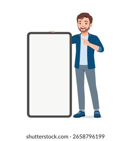 Smiling Man Presenting Blank Smartphone Screen, Pointing with finger, Full Body Shot