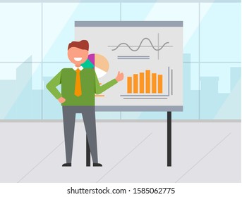 Smiling man presenting graph report on workplace. Presenter in suit showing statistic of progress and success, panoramic window with building view vector