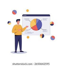 A smiling man presents a pie chart displayed on a computer screen.  He gestures expansively, illustrating data analysis or a presentation. Small pie chart se...