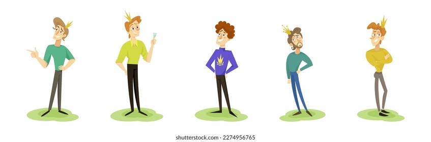 Smiling Man Prince Standing Wearing Golden Crown Vector Set