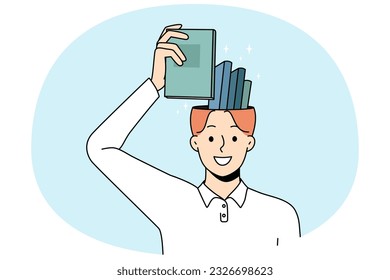 Smiling man put book in head remembering. Happy wise guy take textbook from brain showing excellent memory. Education and knowledge concept. Flat vector illustration.