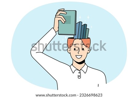 Smiling man put book in head remembering. Happy wise guy take textbook from brain showing excellent memory. Education and knowledge concept. Flat vector illustration.