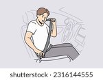 Smiling man putting protection belt sitting in car. Happy guy fasten seatbelt in automobile. Safety on road. Vector illustration. 