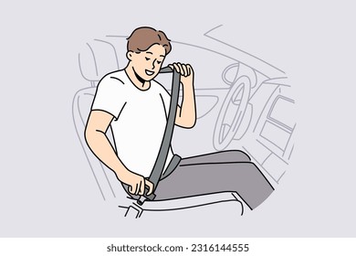 Smiling man putting protection belt sitting in car. Happy guy fasten seatbelt in automobile. Safety on road. Vector illustration. 