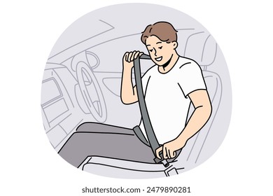 Hombre sonriente poniendo cinturón de protección sentado en el coche. Hombre feliz se abrocha el cinturón de seguridad en el automóvil. Seguridad en carretera. Ilustración vectorial.