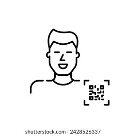 Smiling man and qr-code next to him. Personal account access. Pixel perfect, editable stroke