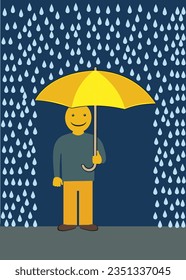 Smiling man in the rain under an umbrella