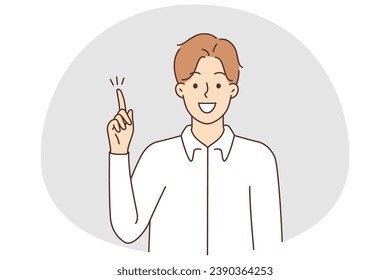 Smiling man raise finger up find problem solution. Happy motivated male solve dilemma make decision or choice. Great idea. Vector illustration.