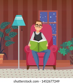 Smiling man reading book, dark and snowing view from window, lamp and house-plant. Portrait view of sitting male on armchair with novel, hobby vector