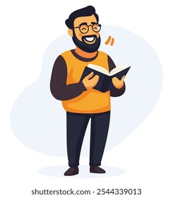 Smiling Man Reading Book - Flat Vector Illustration
