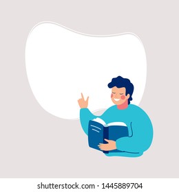 Smiling man reading a book and points to a white background for text. Speech bubble above. Human character vector illustration.