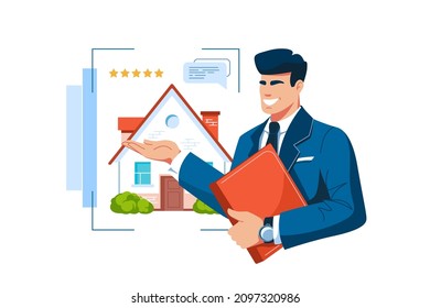 Smiling man realtor worker sell elite houses vector illustration. Present luxury new building flat style. Real estate, accommodation concept