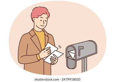 Smiling man receive letters from letterbox near house. Happy guy get letters by mail. Post and postal services. Vector illustration.