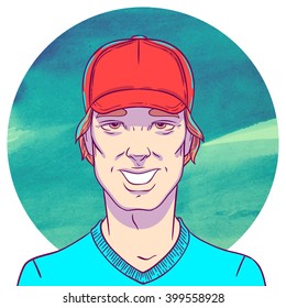 Smiling man with red cap on a background of watercolor circles. The illustration in comics style. Layer with a t-shirt can be disabled