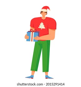 Smiling man in red new year hat holding Christmas gift. Stock vector illustration isolated on white background in flat cartoon style.