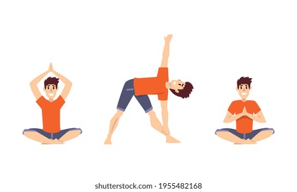 Hombre sonriente con sudadera roja haciendo respiración de yoga en diferentes vectores de Asana
