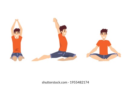 Hombre sonriente con sudadera roja haciendo respiración de yoga en diferentes vectores de Asana