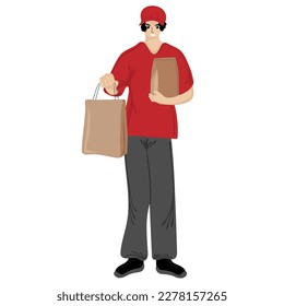 Smiling man in red uniform from courier delivery services holding paper bags. Delivery service concept. Vector illustration