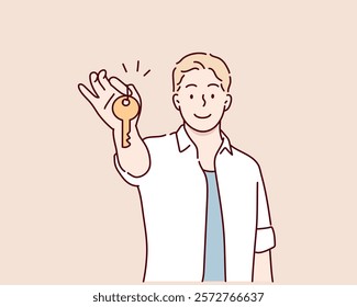 Smiling man renter or tenant holding key in hands. Happy female celebrate moving or relocation to new own apartment or house.Hand drawn style vector design illustrations.