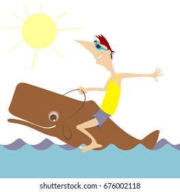 Smiling man rides on the whale isolated. Cartoon smiling man rides on the whale illustration 

