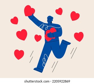 Smiling man running collecting red hearts in hands feeling love. Love, happiness and positive emotions concept. Colorful vector illustration
