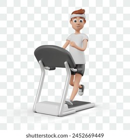 Smiling man is running on treadmill. Modern sports equipment for indoor training