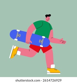 Smiling man running with skateboard. Fun flat vector illustration for youth lifestyle, urban sports, and summer activities