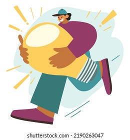 a smiling man runs with a big light bulb, a symbol of new ideas and solutions