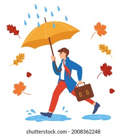 Smiling man runs through puddles with an umbrella in the rain. Flat cartoon colorful vector illustration. The concept of autumn mood and lifestyle.