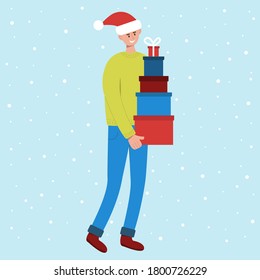 Smiling man in santa hat carrying tall stack of colored gift boxes. Preparing for Christmas and New Year celebration. Vector illustration in flat style