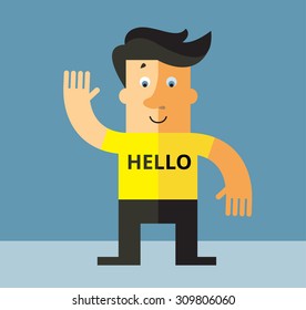 Smiling Man Saying Hello And Showing Greeting Gesture. Flat style vector illustration