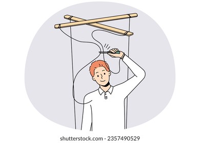 Un hombre sonriente con tijeras cortó cuerdas para liberarse de la manipulación. Feliz hombre, deja de ser manipulado. Titiritas y dependencia. Ilustración vectorial.