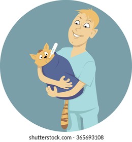 Smiling man in scrubs holding a cat with a thermometer in it's mouse, wrapped in a blanket, EPS 8 vector illustration, no transparencies